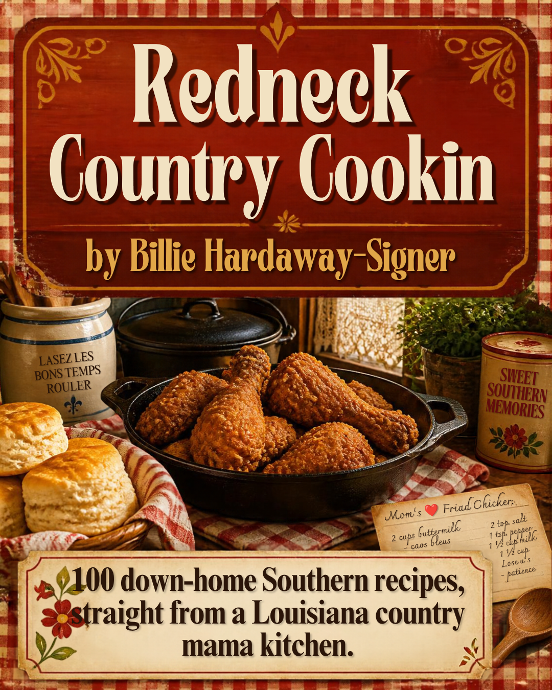Redneck Country Cookin' cookbook — fried chicken and biscuits in a cast iron skillet, by Billie Hardaway-Signer