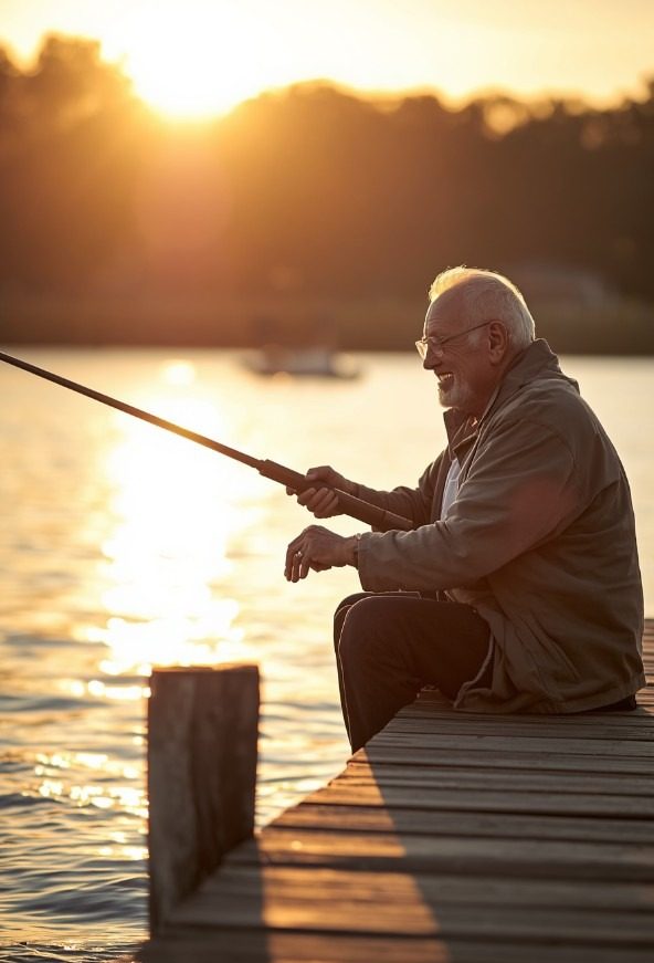 A white-haired man laughing out loud while fishing from a dock in the golden light