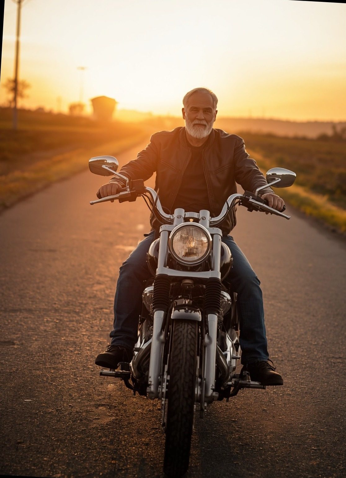 A white-bearded man riding his motorcycle down a country road at sunset