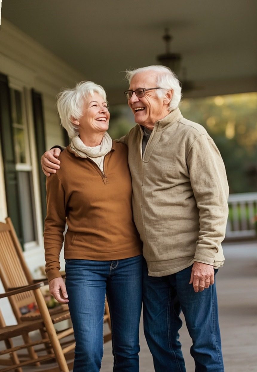 A white-haired couple laughing together on their front porch