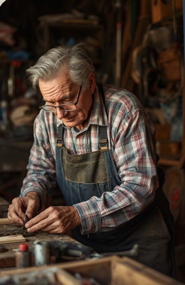 A gray-haired craftsman in a plaid shirt and apron doing fine work at his bench